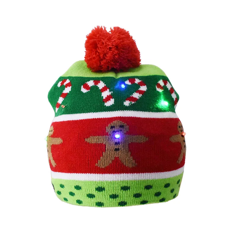 Christmas Hats Sweater Santa Elk Knitted Beanie Hat With LED Light Up Cartoon Patteren Christmas Gift For Kids New Year Supplies