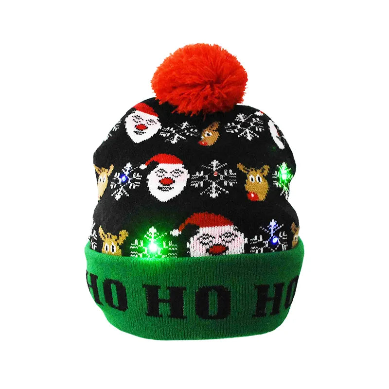 Christmas Hats Sweater Santa Elk Knitted Beanie Hat With LED Light Up Cartoon Patteren Christmas Gift For Kids New Year Supplies