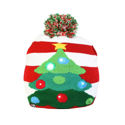 Christmas Hats Sweater Santa Elk Knitted Beanie Hat With LED Light Up Cartoon Patteren Christmas Gift For Kids New Year Supplies