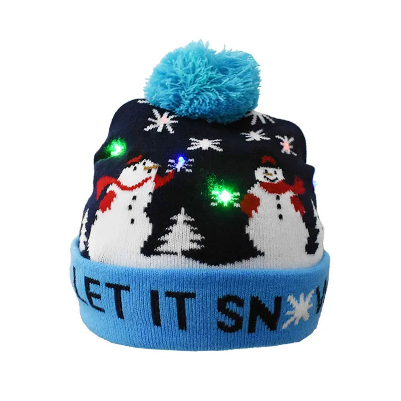 Christmas Hats Sweater Santa Elk Knitted Beanie Hat With LED Light Up Cartoon Patteren Christmas Gift For Kids New Year Supplies